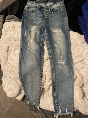 Judy Blue Light Blue Distressed High-Rise Button-Fly Jeans